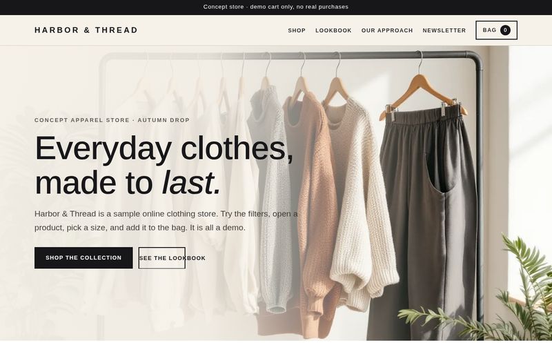 Harbor & Thread clothing store concept showing a rail of neutral knits and shirts