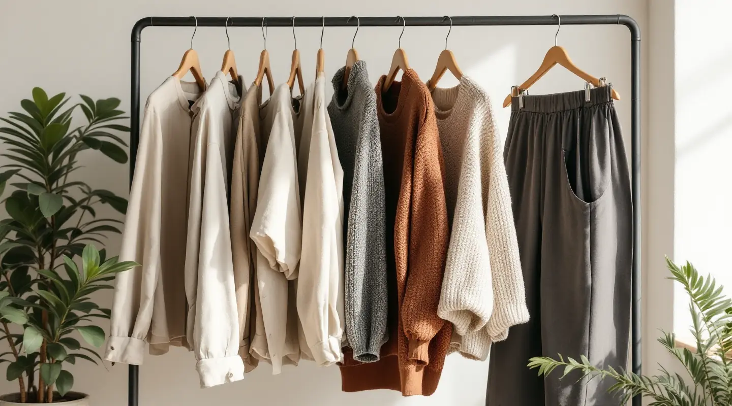 Clothing rail with neutral knits, shirts and trousers on hangers beside green plants in a bright room