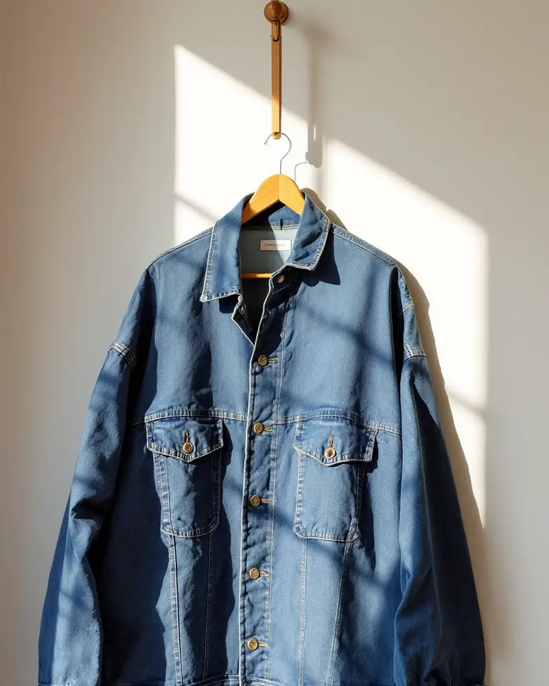 Blue denim chore jacket hanging from a wooden peg in soft window light