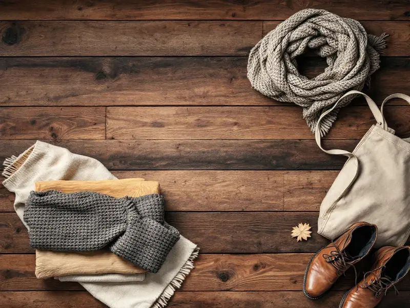 Folded trousers, a checked wool scarf, a canvas tote and leather boots laid out on dark reclaimed wood