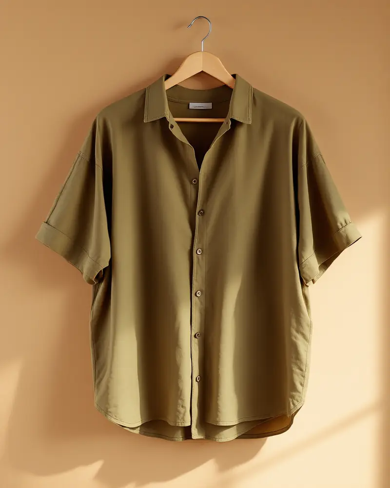 Olive green short-sleeve shirt hanging on a wooden hanger against a warm peach wall