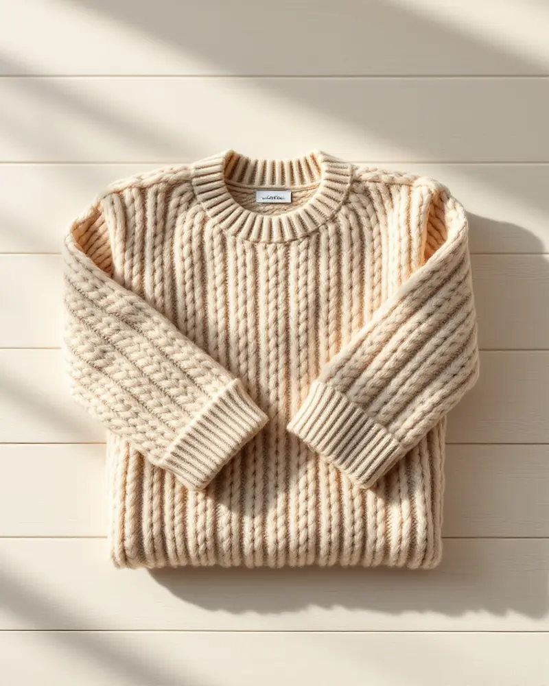 Cream cable-knit crew neck sweater folded flat on a whitewashed wood surface