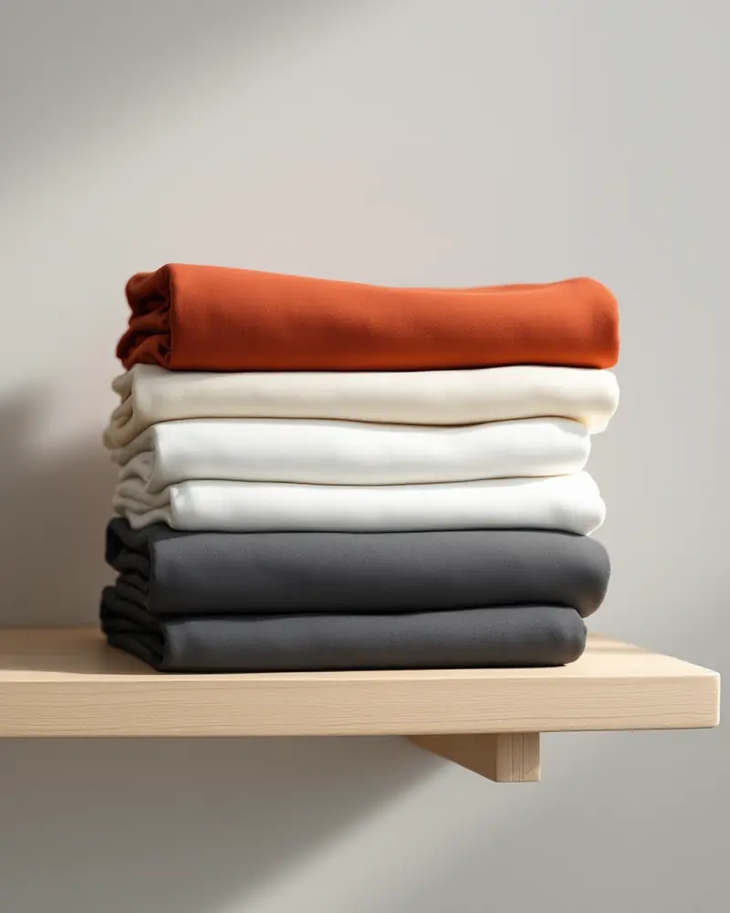 Neat stack of folded cotton t-shirts in rust, white and charcoal on a light wood shelf