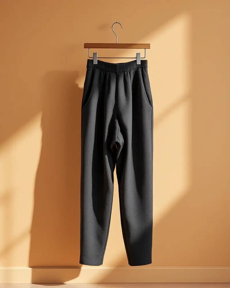 Charcoal pleated trousers hanging from a wooden hanger against a warm wall