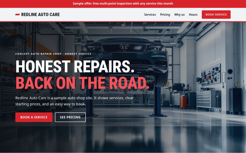 Redline Auto Care website concept showing a modern repair shop bay