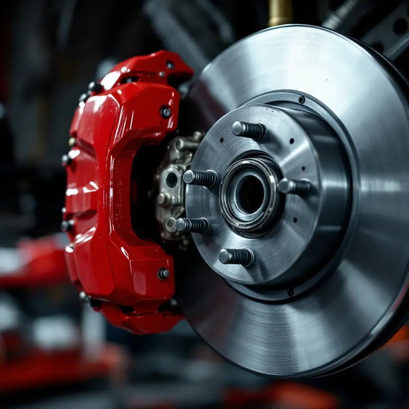 Red brake caliper and ventilated brake rotor on a car