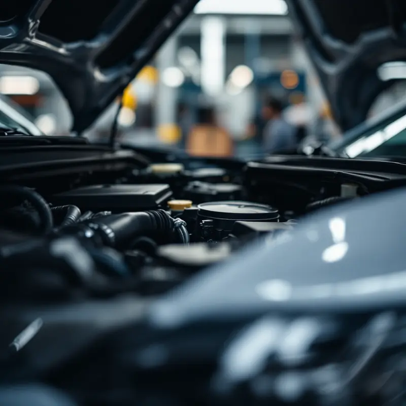 Open car hood showing an engine bay in a bright workshop