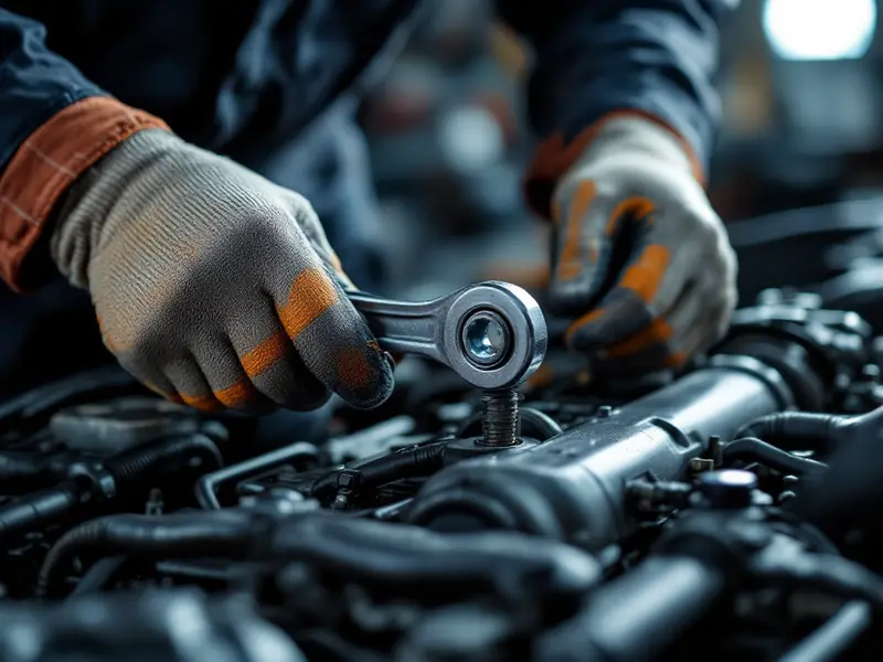Gloved hands using a wrench on an engine
