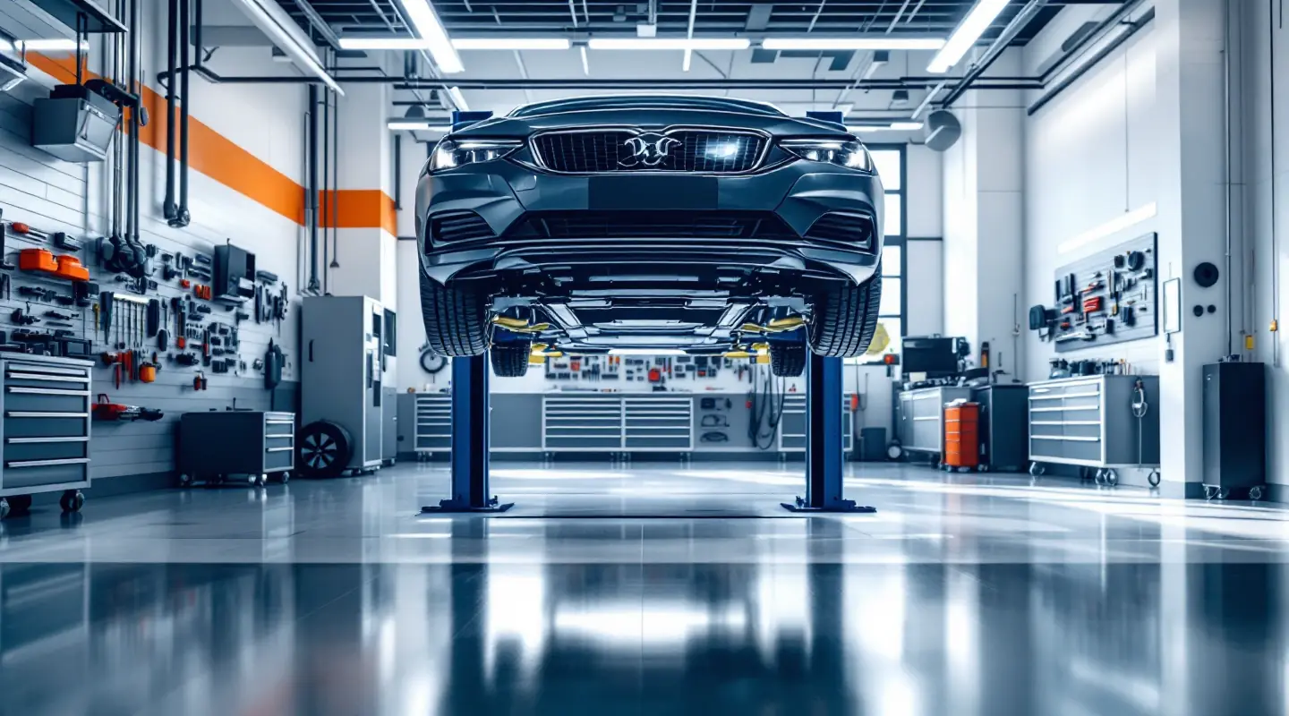 Clean modern auto repair shop with a car on a lift and organized tool walls