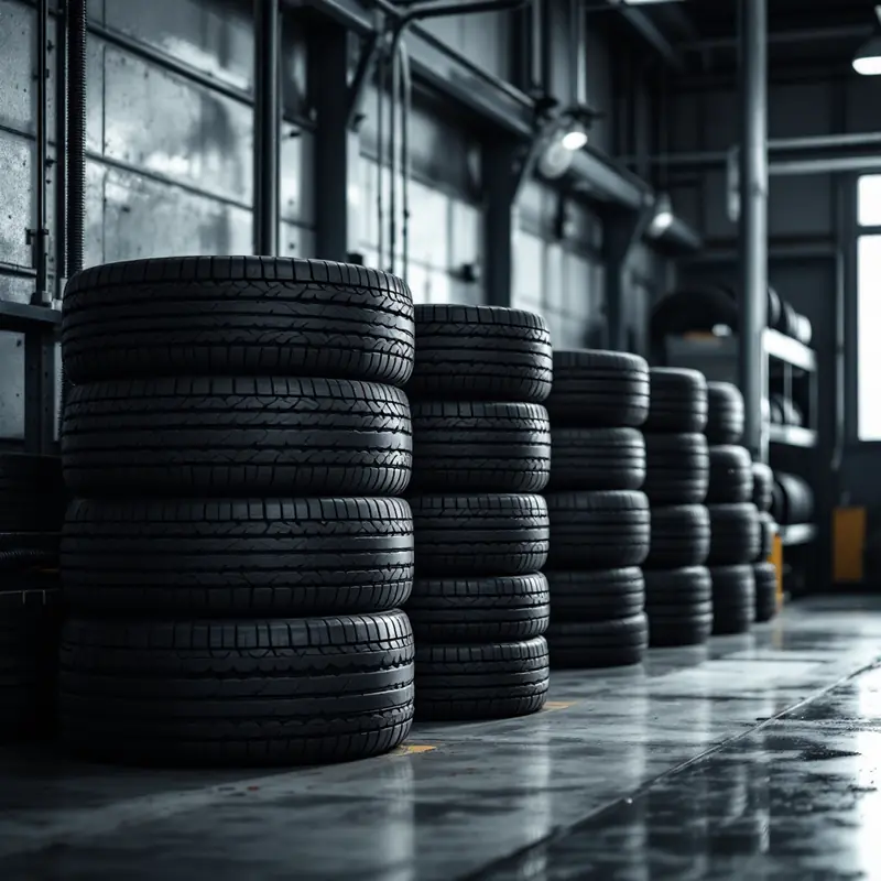 Stacks of black tires in a clean garage