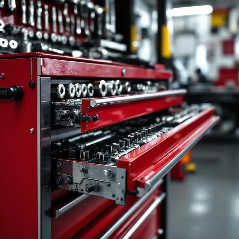 Red rolling tool chest with open drawers of sockets and wrenches in a workshop
