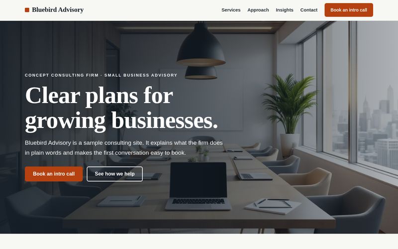 Bluebird Advisory consulting website concept showing a bright meeting room