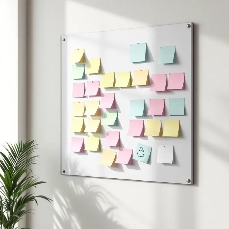 Wall-mounted glass board covered in colorful sticky notes beside a plant
