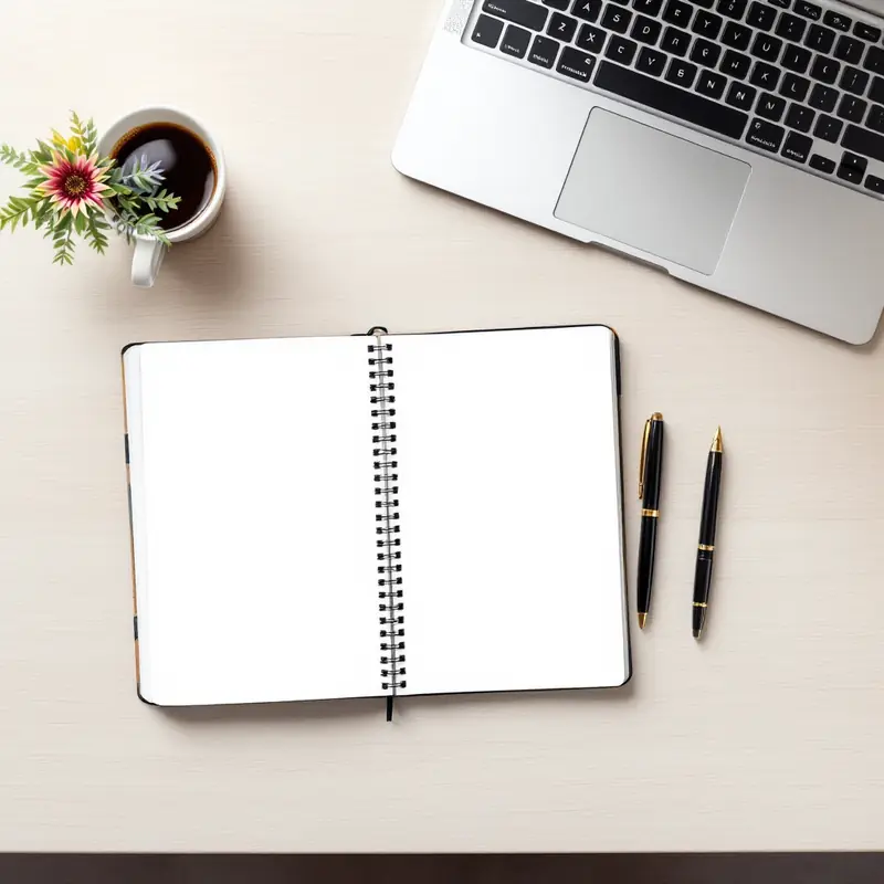Open notebook, two pens, coffee and a laptop on a light desk