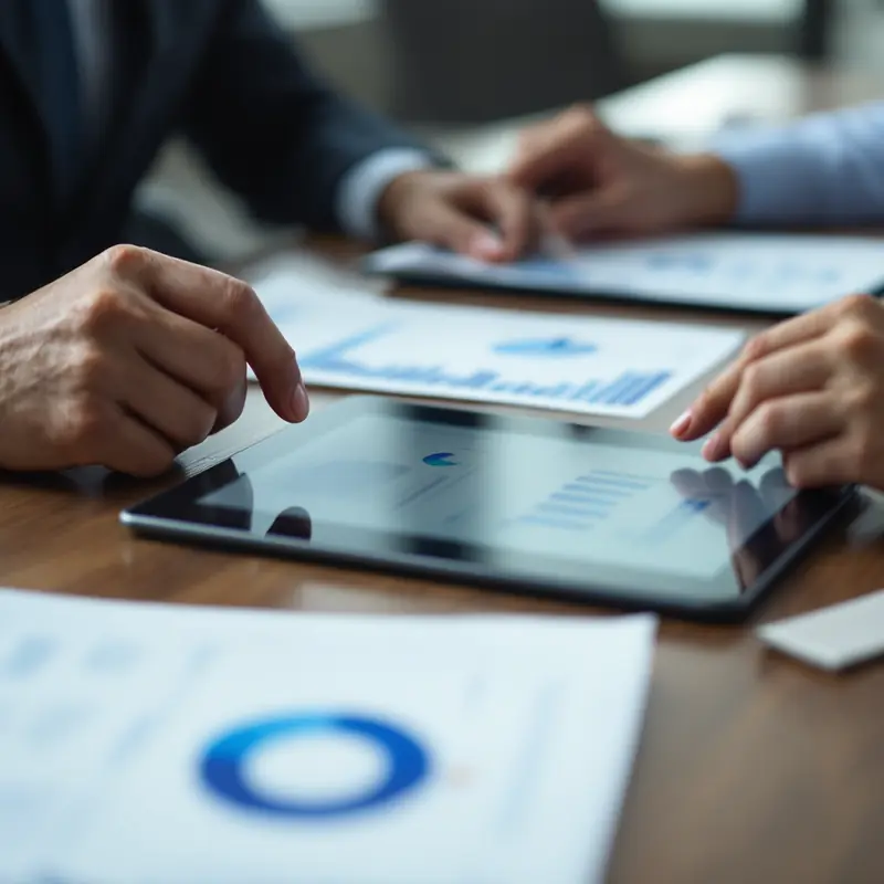 Hands pointing at charts on a tablet and printed reports on a wooden table
