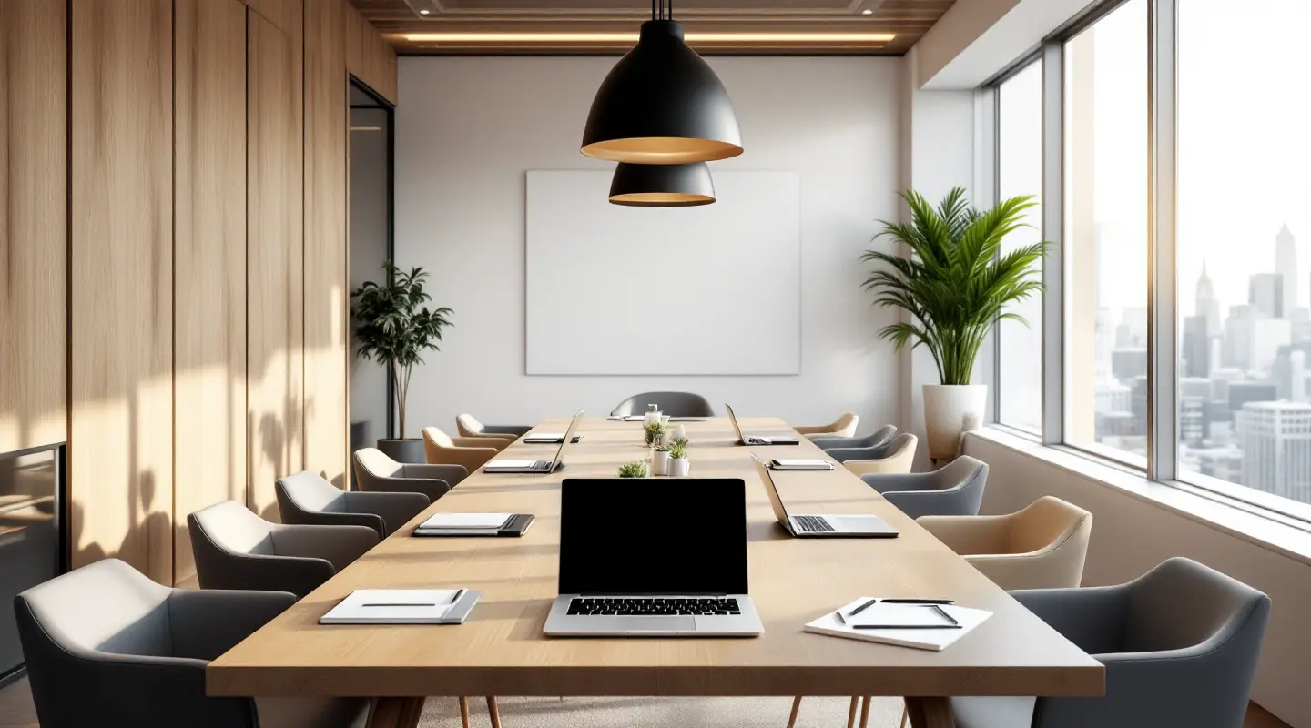Long wooden meeting table with chairs, a laptop and papers in a bright conference room with a city view
