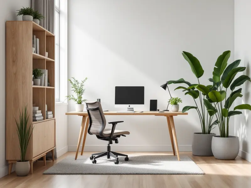 Bright home office with a wooden desk, ergonomic chair, bookcase and large plants