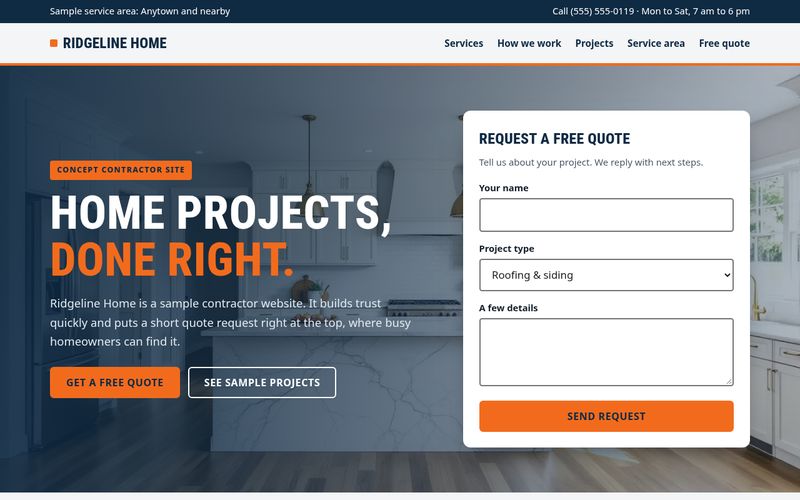 Ridgeline Home Services contractor website concept with a finished kitchen remodel and quote form