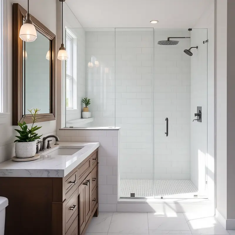 Bathroom remodel with a tiled walk-in shower, glass door and wood vanity