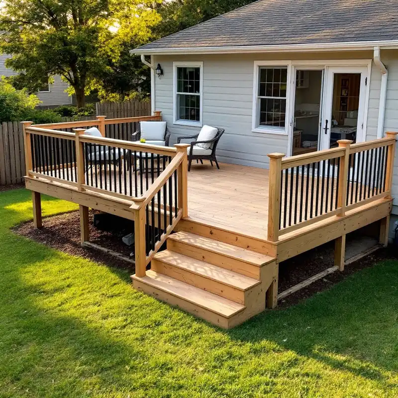 New cedar deck with railing behind a suburban house