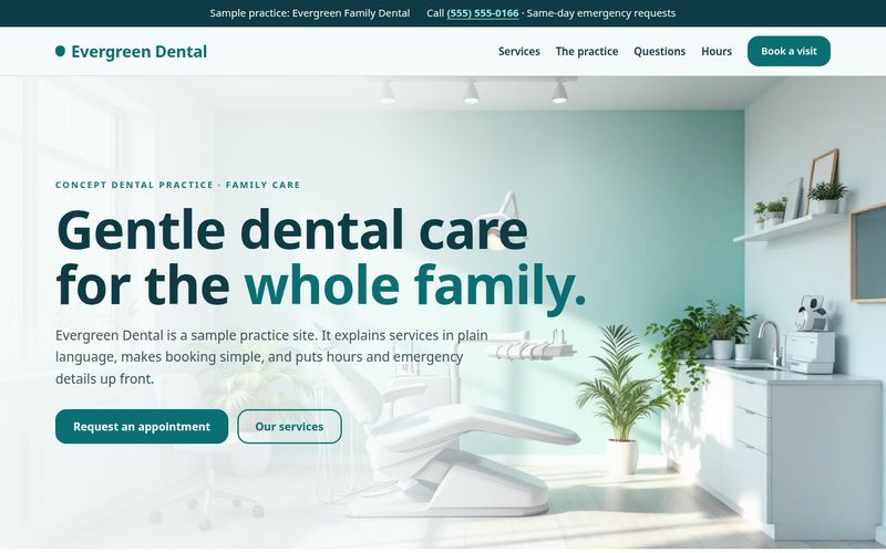 Evergreen Family Dental website concept showing a bright treatment room