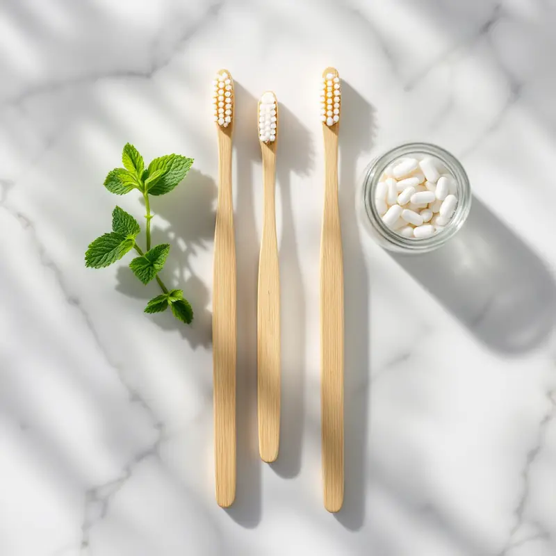 Bamboo toothbrushes with fresh mint on white marble