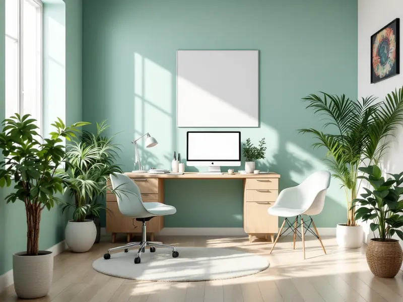 Bright dental consultation room with a desk, plants and a computer