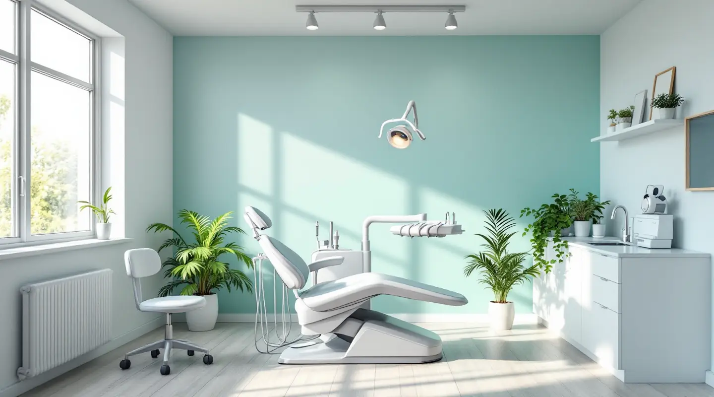 Bright dental treatment room with a reclined chair, mint-green wall, plants and window light