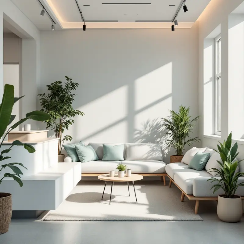 Light, welcoming dental office lounge with white sofas and large plants