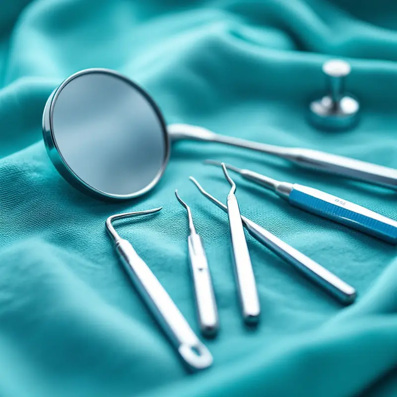 Dental mirror and instruments on a teal cloth