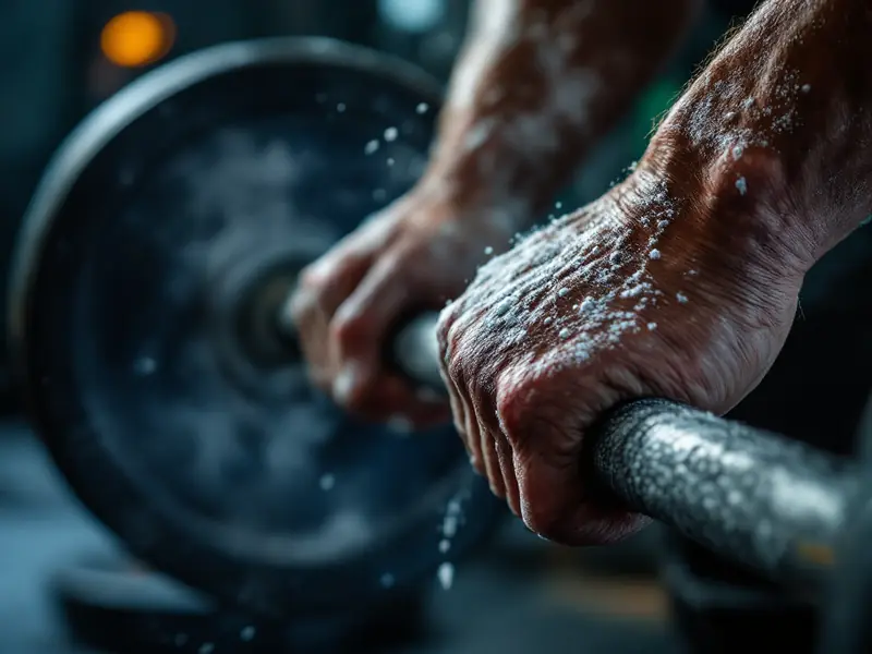 Chalked hands gripping a barbell with weight plates
