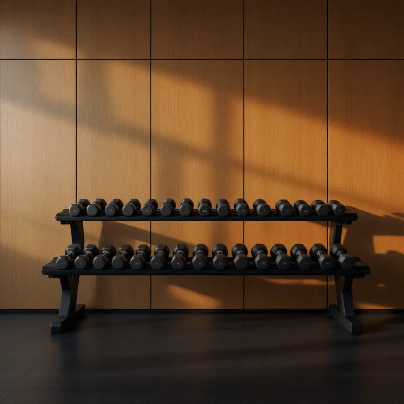 Tiered rack of dumbbells in front of wood paneling