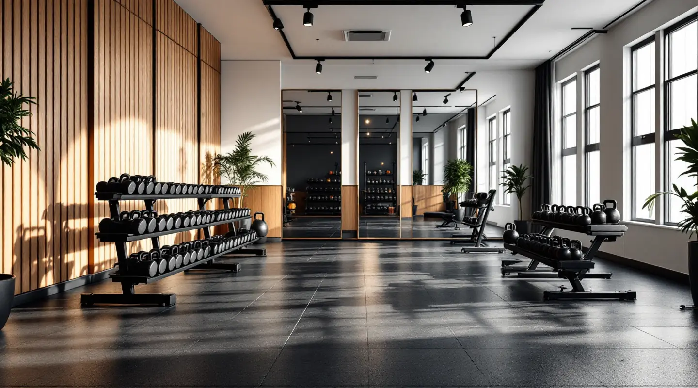Spacious modern gym with rows of dumbbells, benches and tall windows