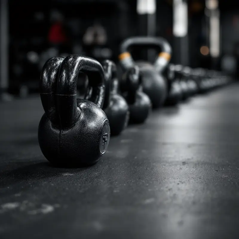 Row of black kettlebells on a rubber gym floor