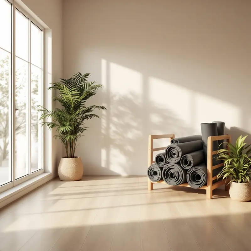 Rolled mats on a wooden rack in a bright studio with plants