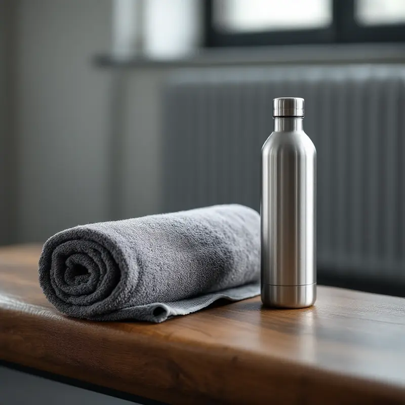 Rolled gray towel and a steel water bottle on a wooden bench by a window