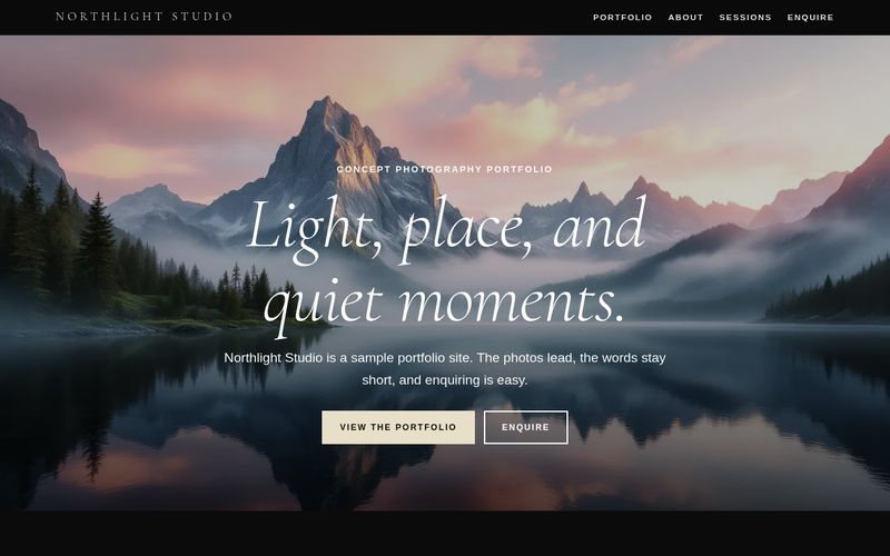 Northlight Studio photography portfolio concept with a misty mountain lake