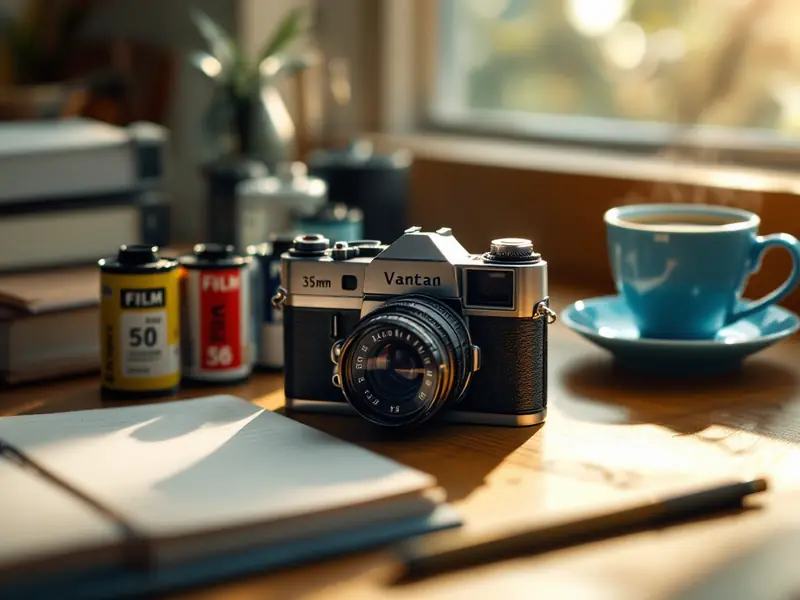 Film camera, film canisters, coffee cup and notebook on a wooden desk by a window