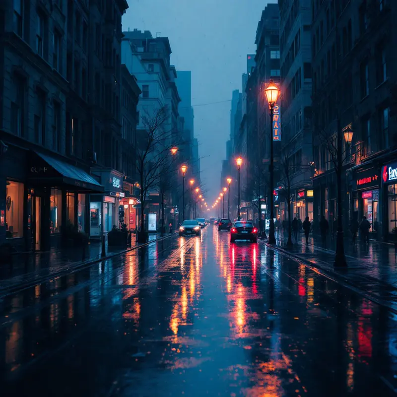 Rainy city street at dusk with glowing street lamps and light reflections
