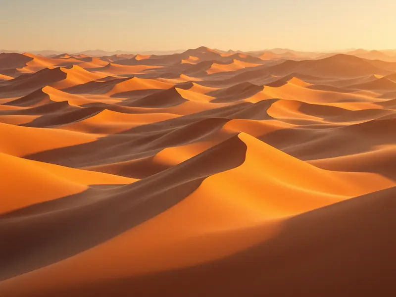 Orange sand dunes at golden hour with soft shadows
