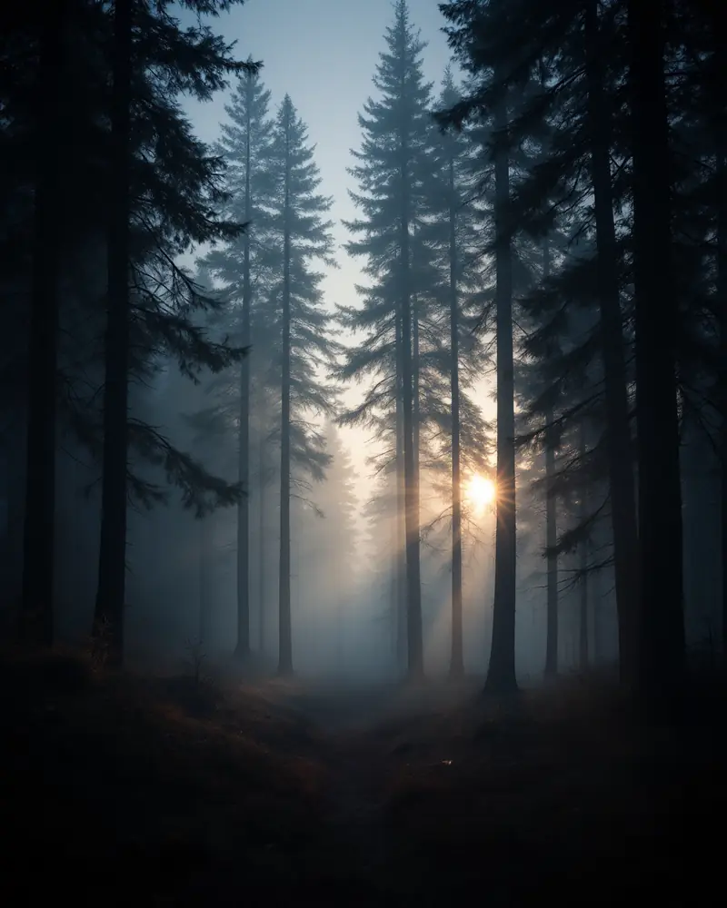 Tall dark pine trees in fog with a soft glow of sun through the mist