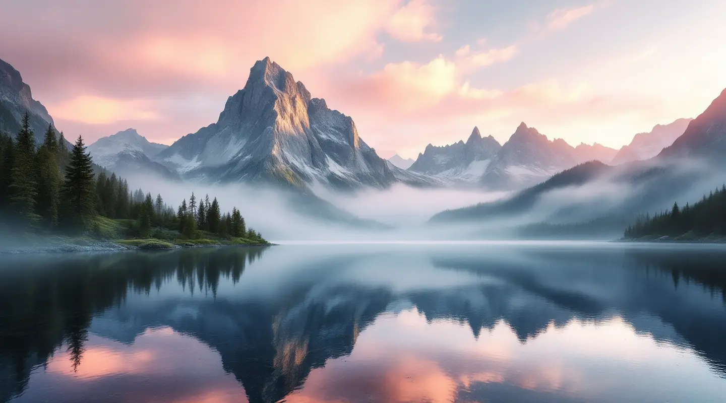 Misty alpine lake at sunrise with mountain peaks reflected in the water
