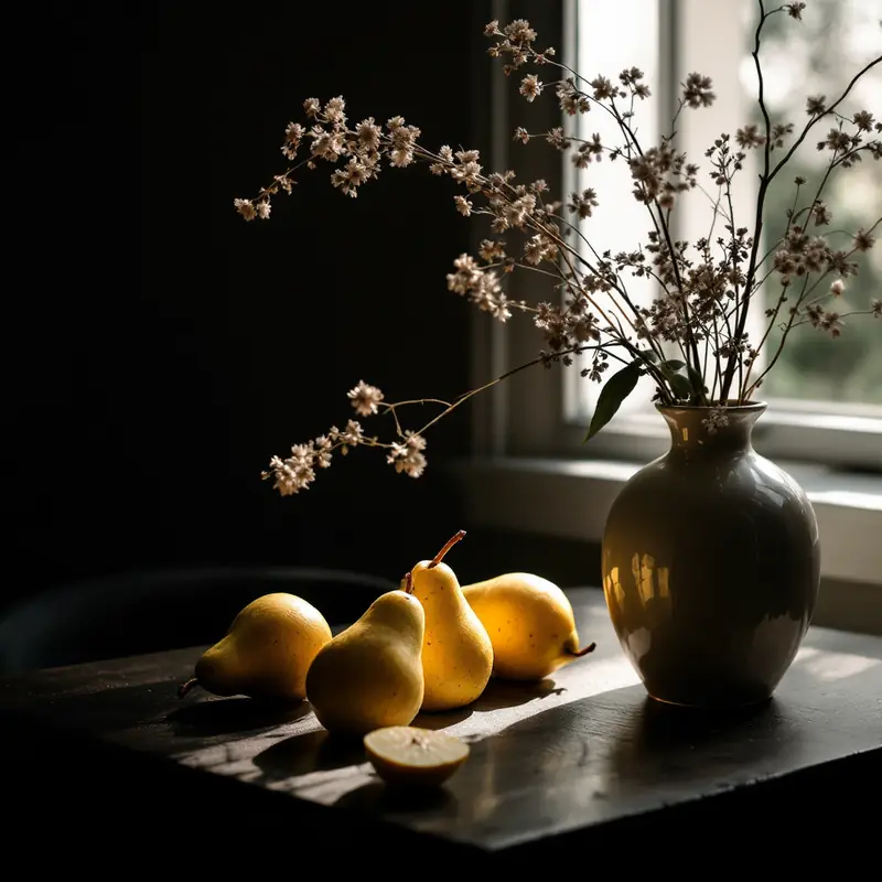 Still life of yellow pears and dried flowers in a vase by a dark window
