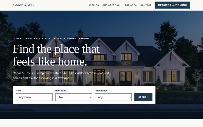 Cedar & Key Realty website concept showing a white home at dusk