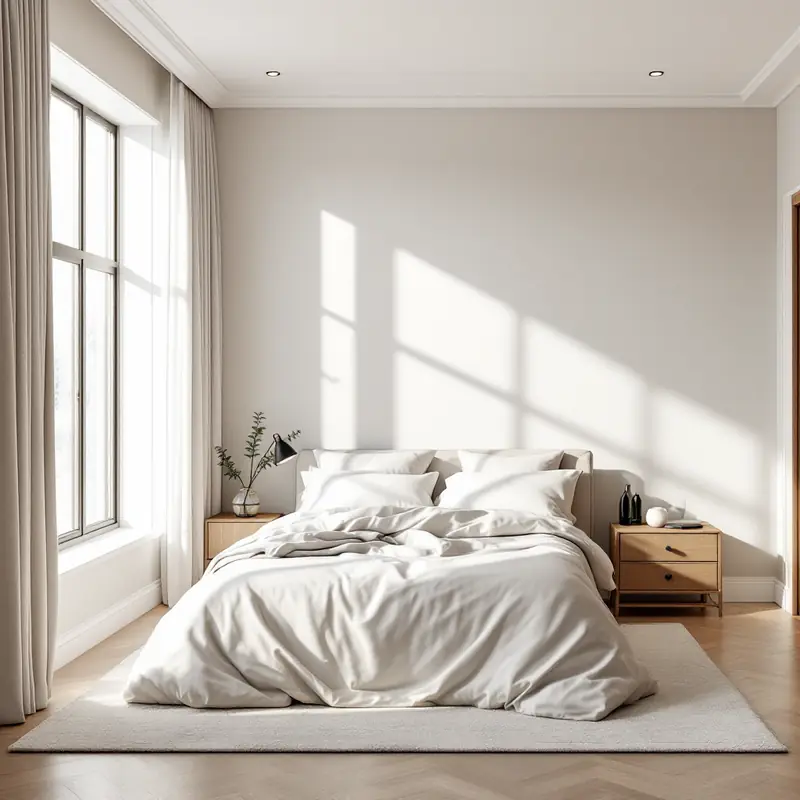 Calm bedroom with white bedding, linen curtains and herringbone floors