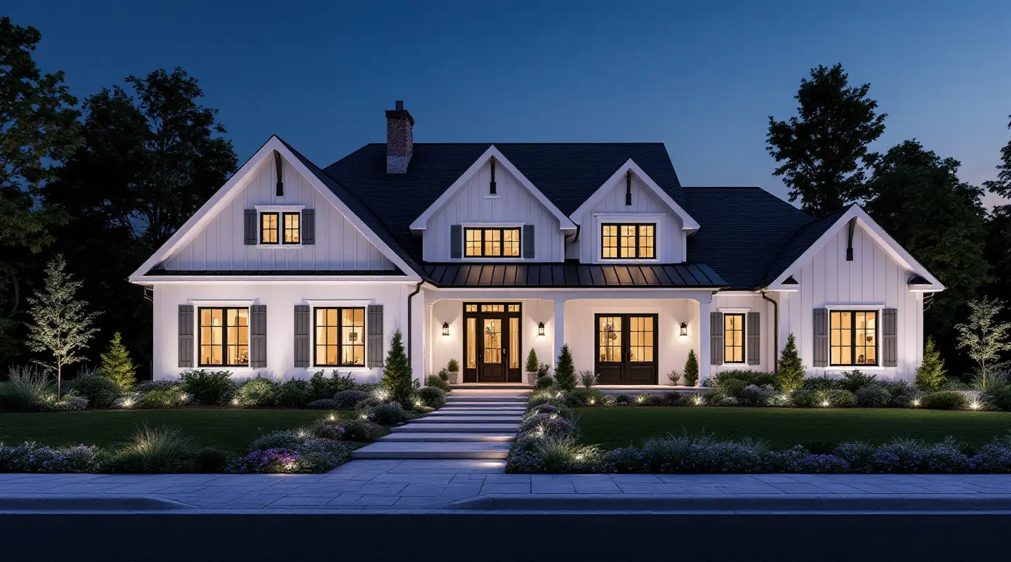 Large white farmhouse-style home lit up at dusk with a path and landscaped front garden
