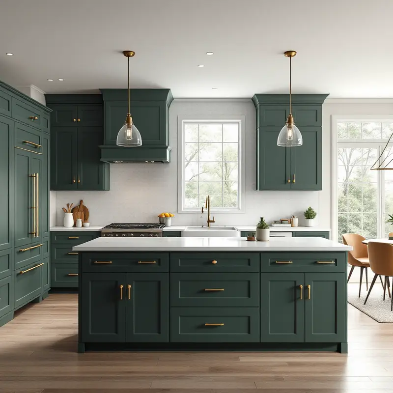 Kitchen with deep green cabinets, brass handles, a white island and pendant lights