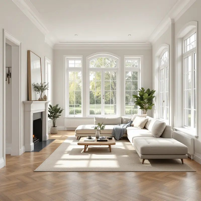 Bright living room with herringbone floors, arched windows and a cream sectional