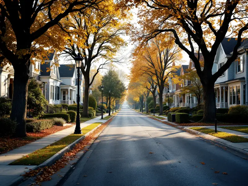 Tree-lined residential street in autumn with golden leaves