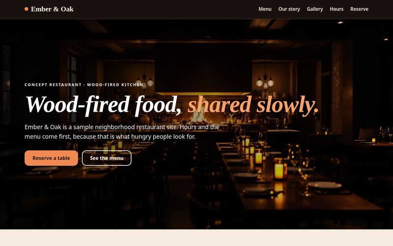 Ember & Oak Kitchen restaurant website concept showing a candlelit dining room